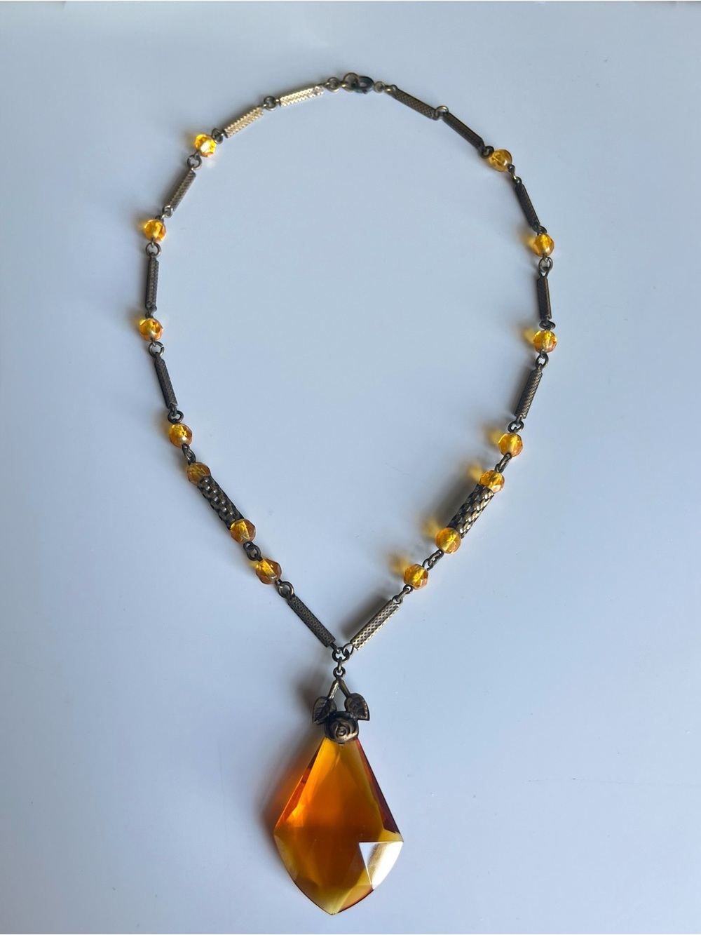 Vintage Art Deco Amber Glass Pendant Necklace